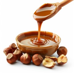 Caramel sauce pouring from wooden spoon into bowl with hazelnuts on white background