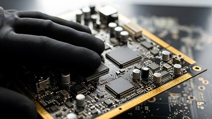 Gloved hand installing computer chip on circuit board motherboard electronic components