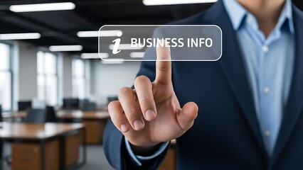 Businessman in blue suit interacting with virtual business info button in office virtual button