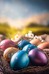 Painted multi coloured easter eggs on a nest with sunset landscape spring background. Blue, pink, purple, and orange hand painted designs.