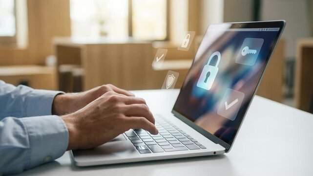 Cybersecurity concept with digital lock icons over laptop, hands typing in modern office.