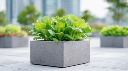 Urban agriculture. Fresh green lettuce growing in modern concrete planter on urban rooftop garden, showcasing sustainable urban agriculture and innovative gardening practices