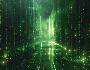 Digital green landscape with data streams and glowing pathway