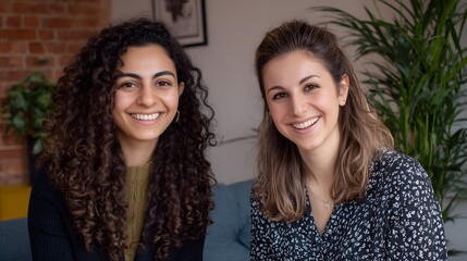 Two smiling young adult women looking at the camera while sitting comfortably indoors in a relaxed setting.