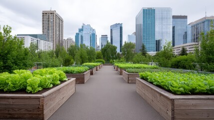 Fototapeta premium Urban agriculture scene featuring vibrant green lettuce in wooden planters, surrounded by lush greenery and modern skyscrapers, showcasing sustainable city farming concept