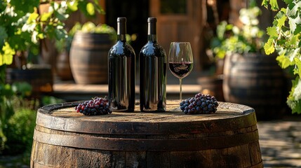 Two wine bottles and grapes atop wooden barrel