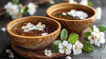Two wooden bowls filled with clear liquid