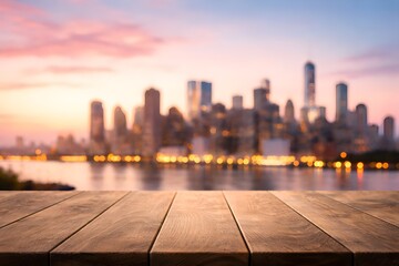 Modern city skyline over wooden floor platform with copy space