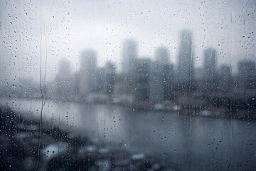 Rainy city skyline blurred through window creating moody urban atmosphere