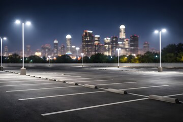 Empty city parking lot at night with illuminated skyline background