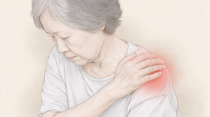 Fototapeta premium Illustration of elderly woman with shoulder pain, highlighting joint inflammation and chronic discomfort