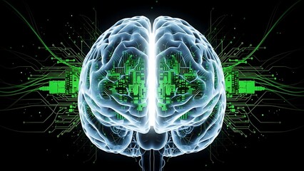 Glowing blue brain with green circuit board details on black background human brain computer chip