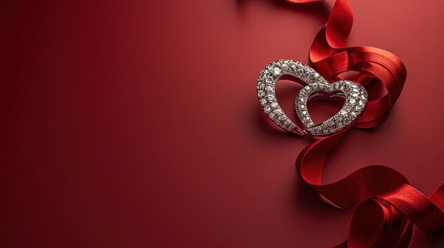 Minimalist design - two silver diamond rings on left of isolated red background, heart-shaped ribbon，elegant luxury with copy space, ideal for Valentine&rsquo;s Day, romance, weddings, greeting cards.