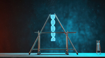 Glowing DNA strand forensic lab investigation concept futuristic neon helix suspended on metal rack with glass bottle