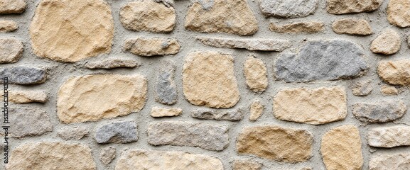 Close-up of rustic stone wall with beige and grey blocks and lime mortar texture