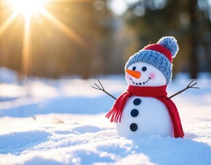 Fototapeta premium snowman standing on a sunny winter day. Winter Christmas New Year card