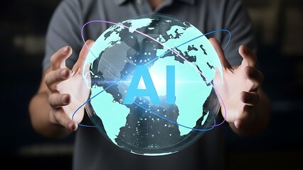 Man holding glowing blue globe with A I text and lines hands earth