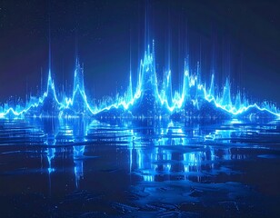 Digital audio visual waveform in vibrant, luminous blue reflected below