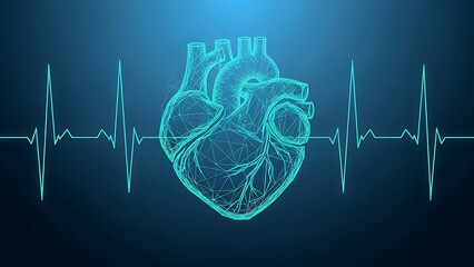 Teal heart with polygonal mesh and E C G line on dark blue background