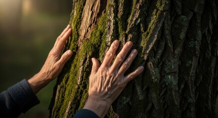 Person's hands touching a mossy tree trunk in a natural setting with fingers spread apart feeling the bark