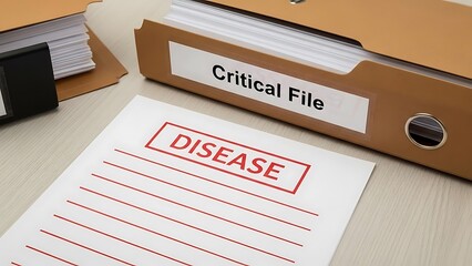 Brown file labeled critical file next to paper with disease written on it red text