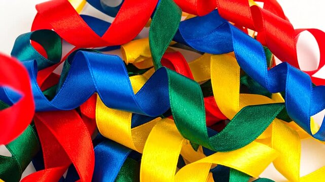 A vibrant, close-up photograph showcasing a tangle of colorful silk ribbons against a white background