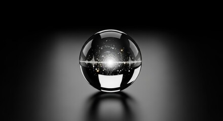 A crystal ball sits on a reflective surface with a bright light shining through it in a dark room with a galaxy view