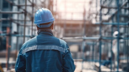 A construction worker in a blue hard hat and dark uniform monitors scaffolding around a building under construction,