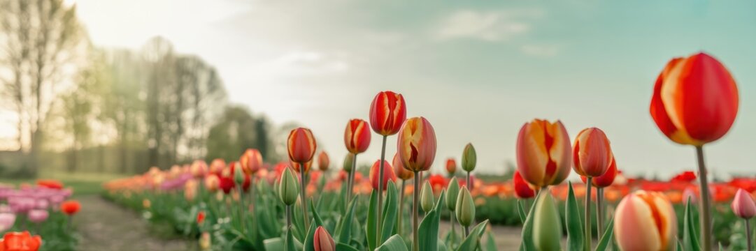 A panoramic of a tulip field with vibrant red and orange flowers under a clear sky tulips 1 - Powered by Adobe