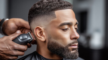 Obraz premium Barber giving a precise fade haircut and beard trim to man in modern barbershop