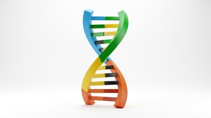 Vibrant 3D DNA helix model with multicolored segments on a white background.