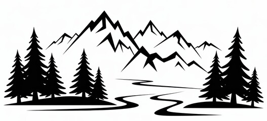 Fototapeta premium Black and white minimalist of mountains trees and winding river peaks