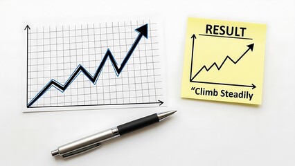 Business growth chart on paper and sticky note with pen on white background graph increase