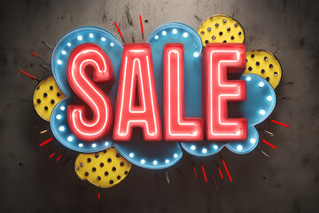 Bright sale sign with colorful speech bubble design announces discounts during shopping event