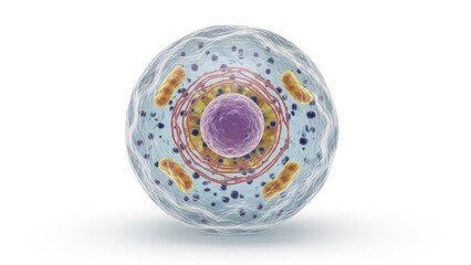 Detailed 3D rendering of a human cell showing organelles and nucleus. Ideal for educational materials.