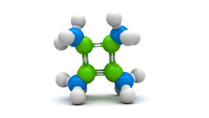 A vibrant 3D molecular structure with green and blue atoms connected by rods on a plain white background.