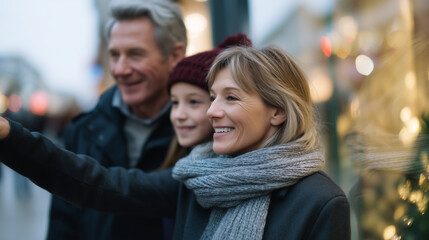 Obraz premium Family shopping winter city street smile, parent child, holiday season, warm clothing, scarf, coat