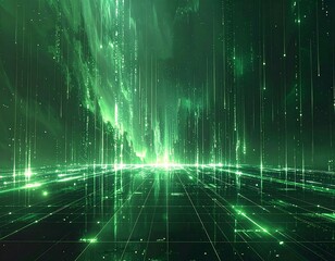 Digital landscape with green grid, light beams, abstract background