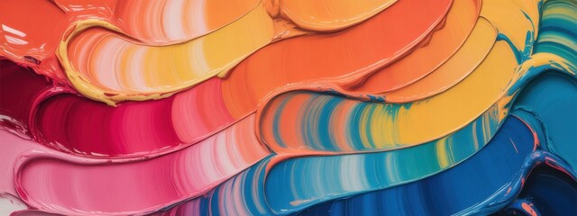 Close up of colorful oil paint strokes in vibrant shades of red orange yellow blue and pink colors