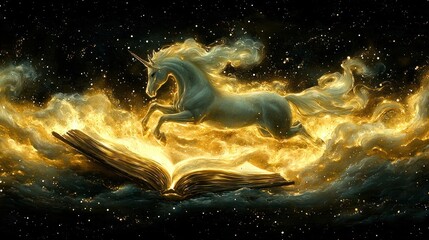 Unicorn leaps from an open book, bathed in gold