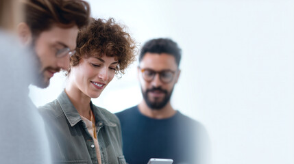 Diverse team collaboration mobile device office, happy coworker teamwork communication concept