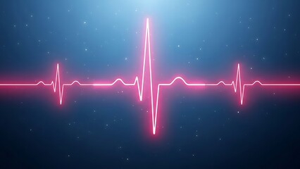 Pink neon E C G heartbeat line on dark blue background with starry night sky effect