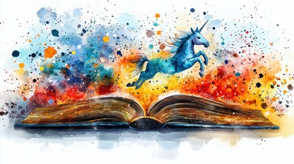 Unicorn leaps from an opened, colorful book