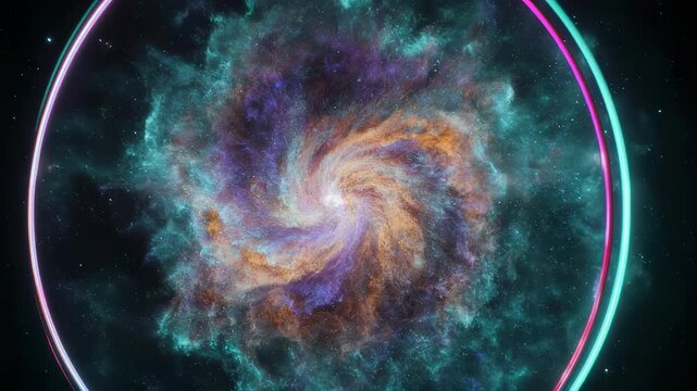 Swirling nebula and stars encased in a vibrant neon ring