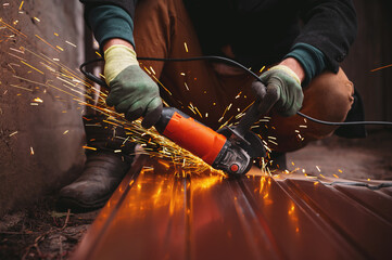 Man hand cutting corrugated metal sheet with an angle grinder,  sparks flying, industrial construction work scene, metal fabrication process, power tool in action, safety concept, workshop or building
