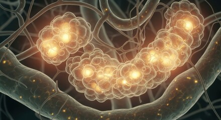 An abstract photograph depicts glowing energy flowing through a network of nerve pathways and fascial lines in a dark, ethereal environment.