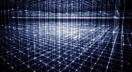 A futuristic architectural photograph of a grand digital cathedral bathed in glowing blue light with lines and dots forming a complex network  Focus on the intricate design and structure