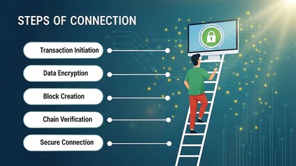 Man on ladder accessing secure computer screen with padlock and steps of connection secure connection