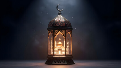 Obraz premium Elegant Ramadan lantern featuring a glowing mosque inside, symbolizing faith, prayer, and divine light during the holy month of Ramadan. 