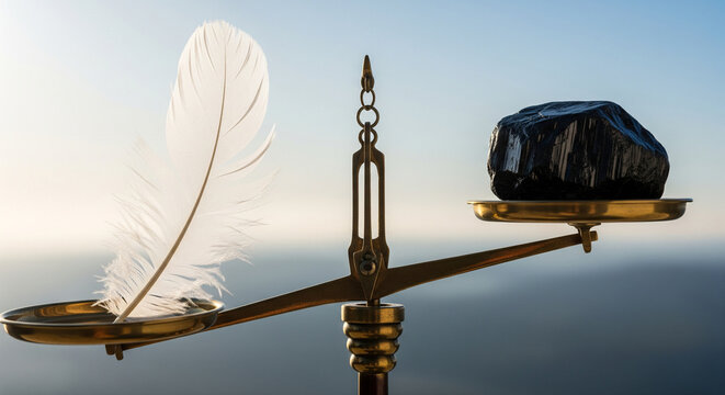 A macro shot of a justice scale unbalanced by a heavy black stone outweighing a white feather.